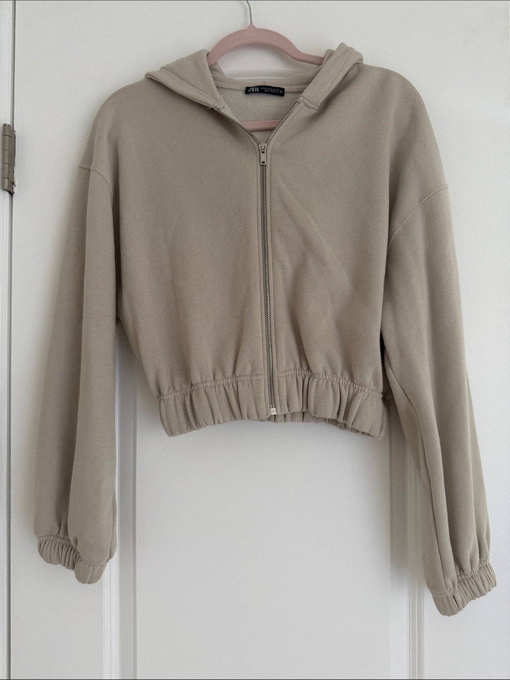Zara Taupe Cropped Zip Hoodie